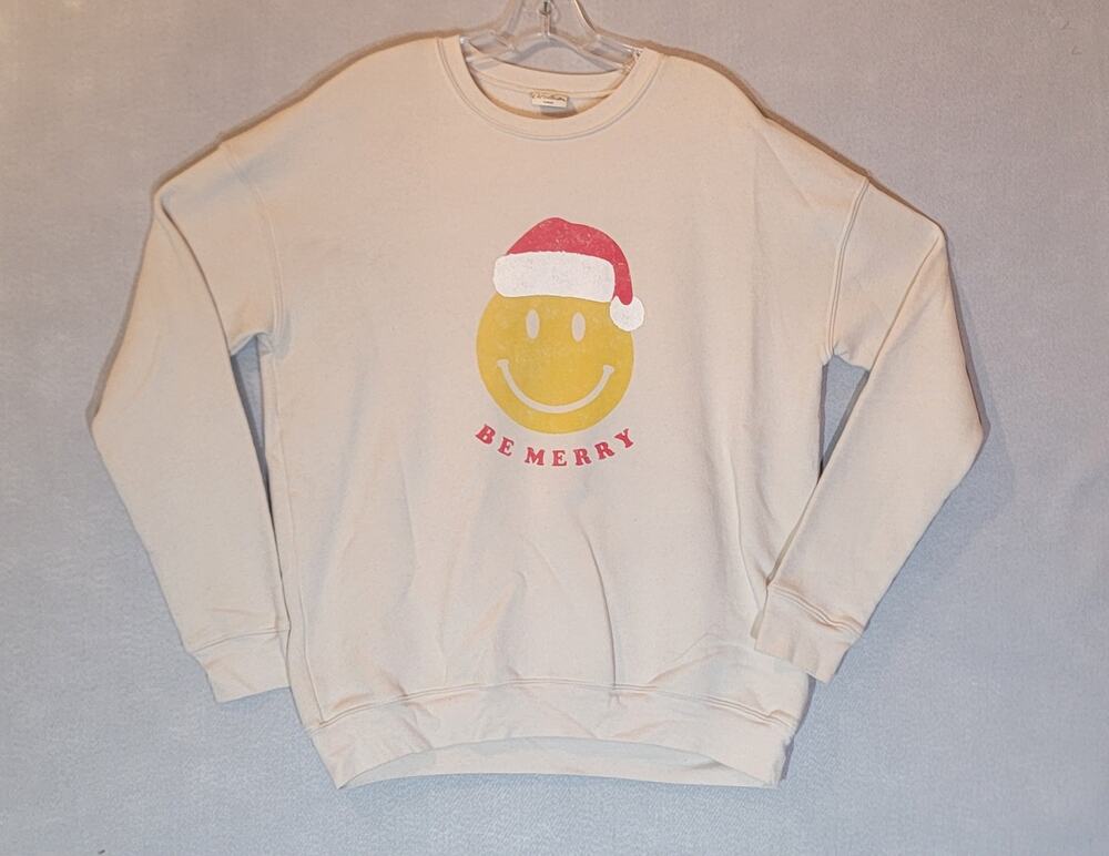 Oat Collective Be Merry Christmas Santa Hat Smiley Face Sweatshirt Beige L